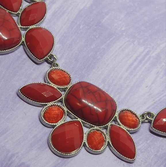 Bold Red & Silver Tone Statement Necklace - Picture 4 of 7